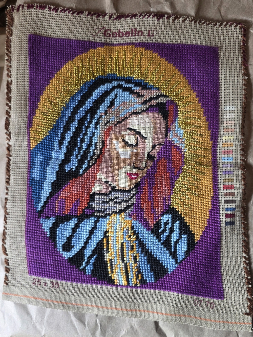 Handmade Needlepoint Wall Art - Purple and Gold Virgin Mary Icon, Orthodox Icon
